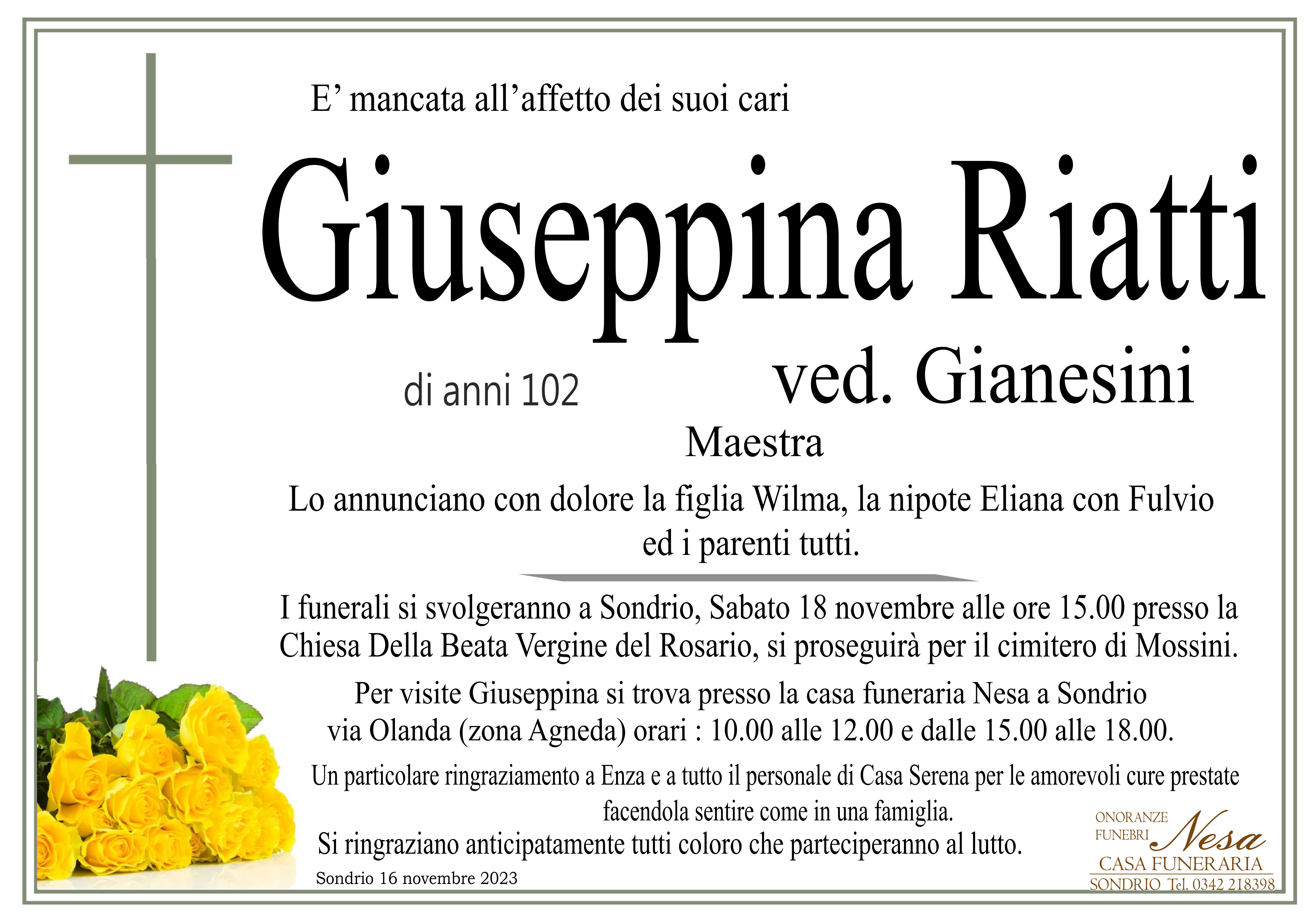 Necrologio Giuseppina Riatti ved. Gianesini